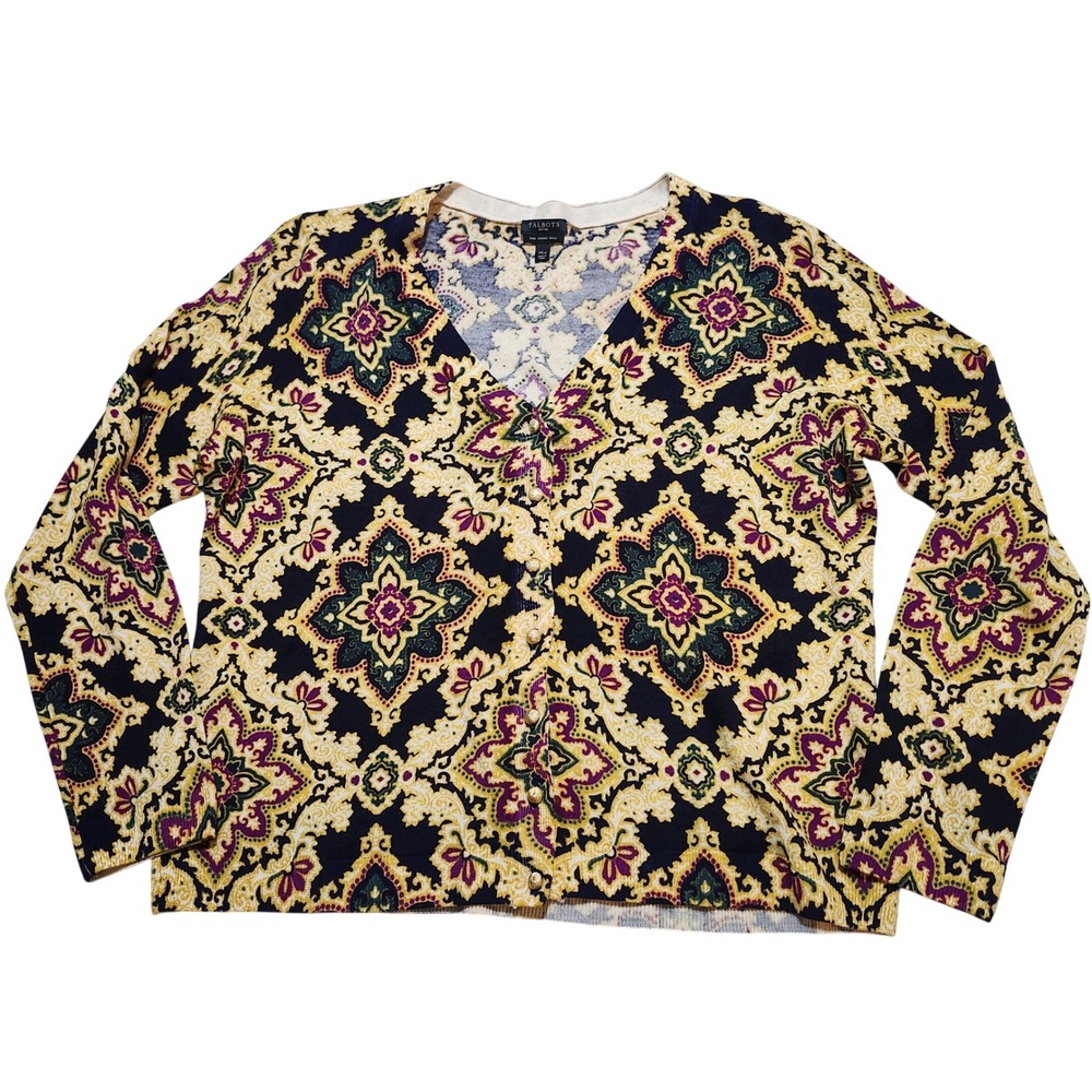 Talbots Moroccan Print Extra Fine Merino Wool Button Front Cardigan Sweater PXL